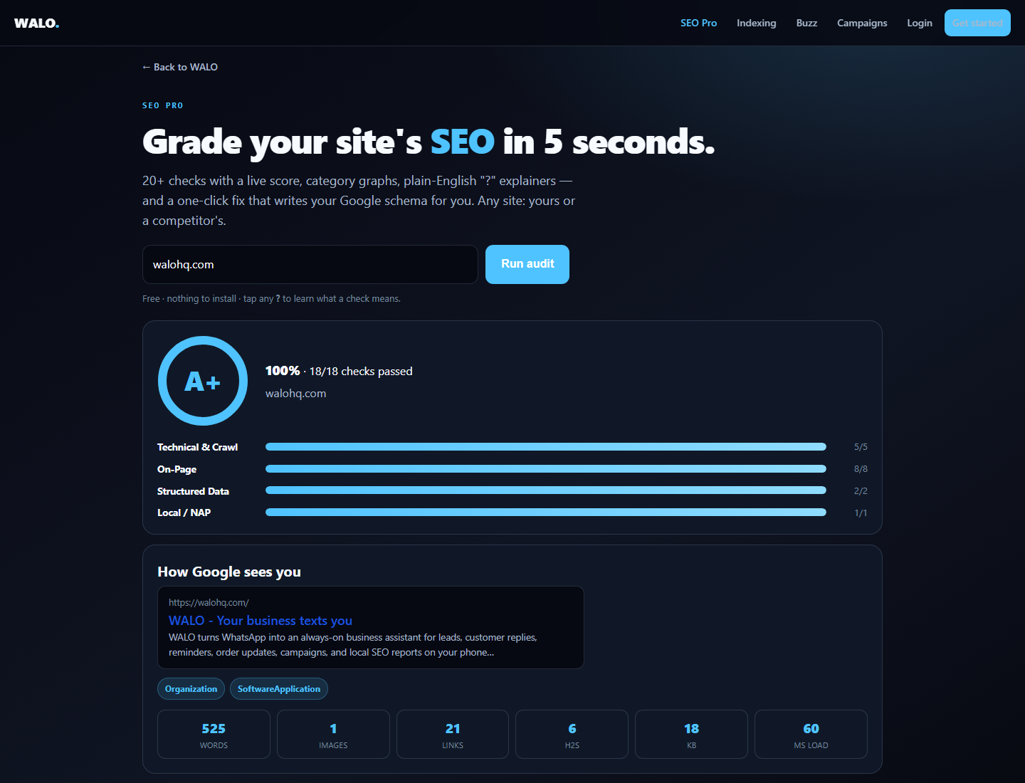 WALO SEO Pro is the audit surface for the WALO stack.
